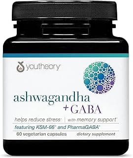 Youtheory Ashwagandha + GABA - Adaptogenic Blend with Organic KSM-66 & Ginger - Aids Stress Relief & Mood* - Supports Energy Levels* - 60 Vegetarian Capsules (30-Day Supply)*