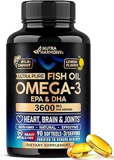 Omega 3 Fish Oil 3600 mg - Omega 3 Supplement | EPA & DHA - Heavy Metals Free - Heart, Brain & Joint Support - Purified Fish Oil for Men & Women - Lemon Flavored - Made in USA, 90 Softgels