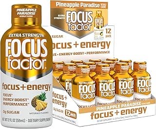 Focus Factor Extra Strength Focus + Energy Shots - 12 x 2oz Bottles (Pineapple Paradise Flavor) - Powered by Nootropics with Caffeine, L-Theanine, Ginkgo, Bacopa, L-Tyrosine, Alpha GPC