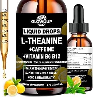L-Theanine Supplement with Caffeine, Organic Liquid Caffeine 50mg w. L-Theanine 100mg, Vitamin B12 B6 for Focused Energy, Alertness & Recess Mood, Nootropic Brain Drops for Women & Men丨30 Days Supply