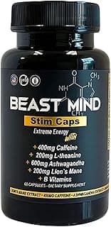 Beast Mind Extreme Energy Pills | 400mg Caffeine | 600mg Ashwagandha | 200mg Lions Mane | Increased Energy & Focus & Mood | Pre-Workout Supplement