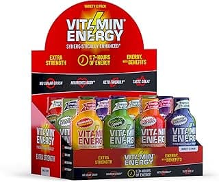 Vitamin Energy Extra Strength Energy Shot Variety Pack 12 Pack, 260mg Natural Caffeine, B-Vitamins, Vitamin D, NALT, Rhodiola, Mood, Focus, Immunity & Strength Support, Zero Sugar, Vegan, 1.93 fl oz