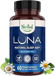 Nested Naturals Luna Melatonin-Free Sleep Supplement - Non-Habit Forming Herbal Sleep Supplement, Adult Bedtime Support, Help Sleeping w/Chamomile, Valerian, L-Theanine - 60 Vegan Capsules